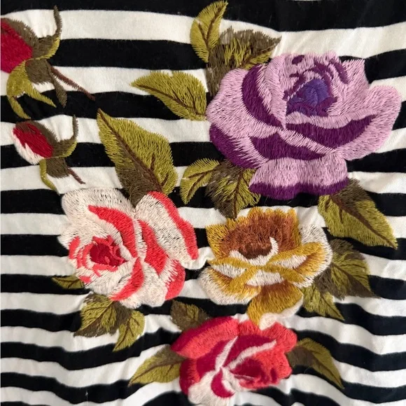 Johnny Was Black and White Striped Floral Embroidered Top - Picture 2 of 5
